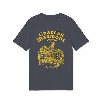 Chateau Marmont Hollywood graphic on a dark gray t-shirt.