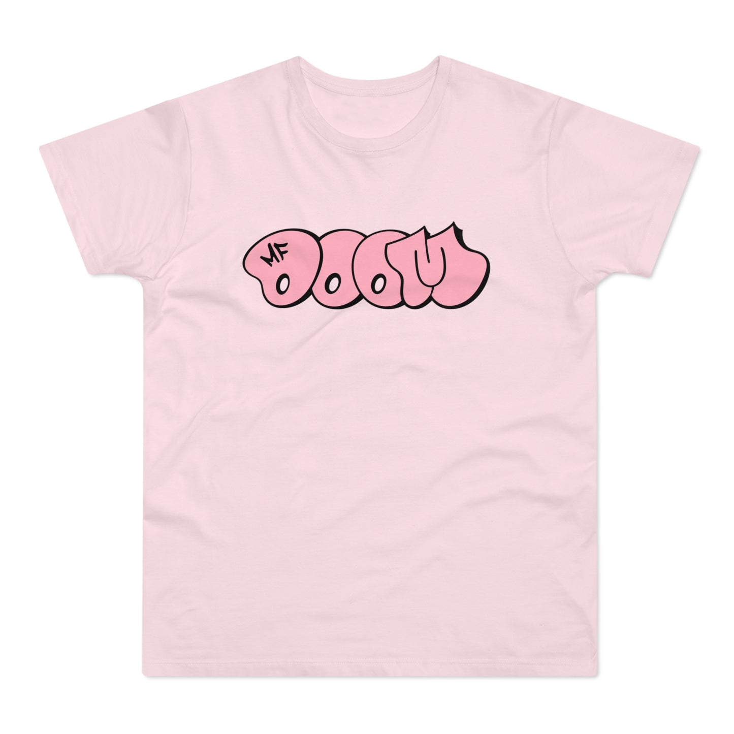 Pink t-shirt with pink graffiti "MF DOOM" text graphic.