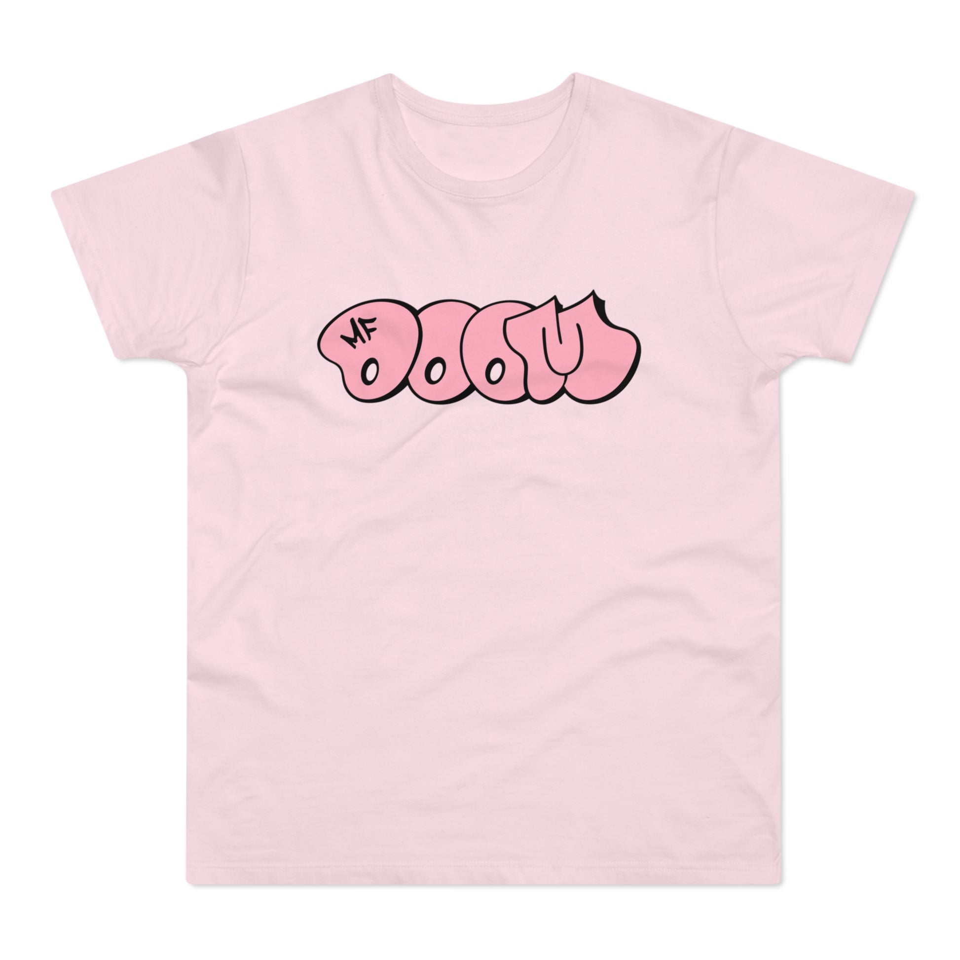 Pink t-shirt with pink graffiti "MF DOOM" text graphic.