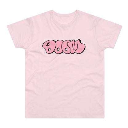 Pink t-shirt with pink graffiti "MF DOOM" text graphic.
