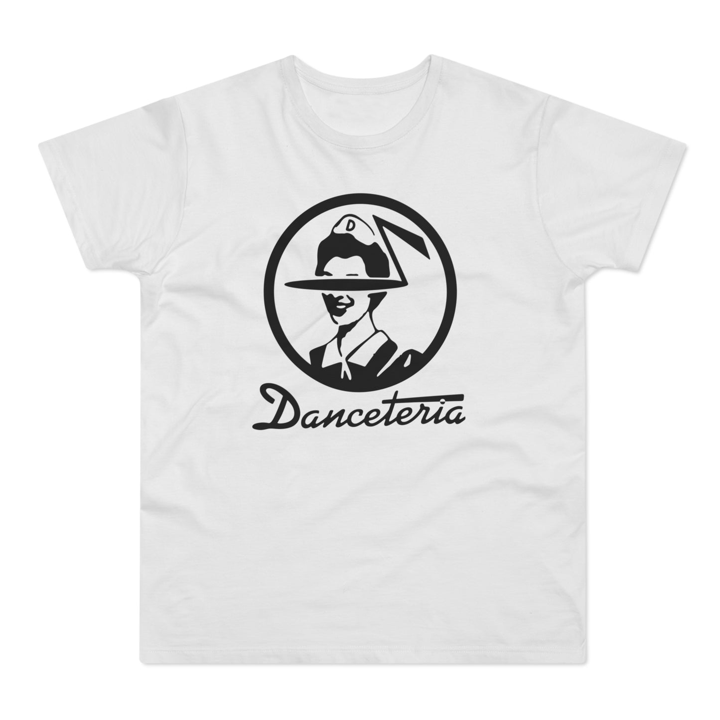 White t-shirt with black circular logo and script text "Danceteria".