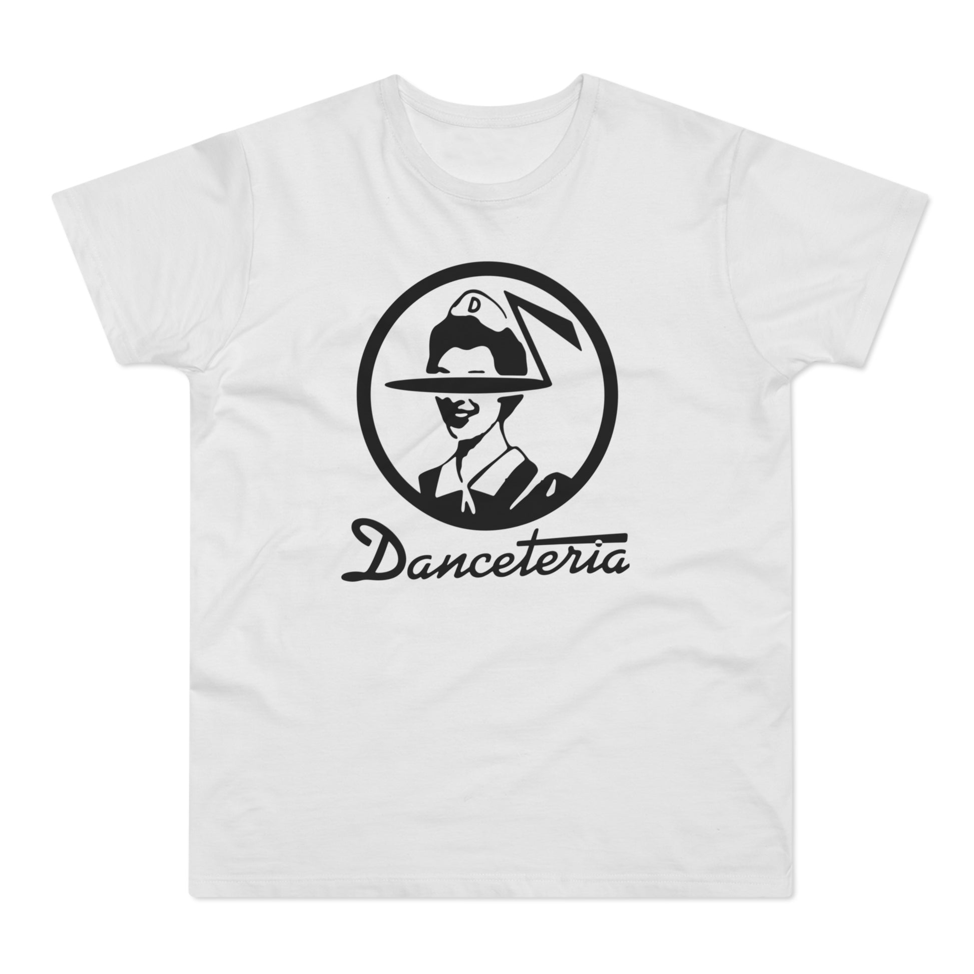 White t-shirt with black circular logo and script text "Danceteria".