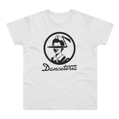 White t-shirt with black circular logo and script text "Danceteria".