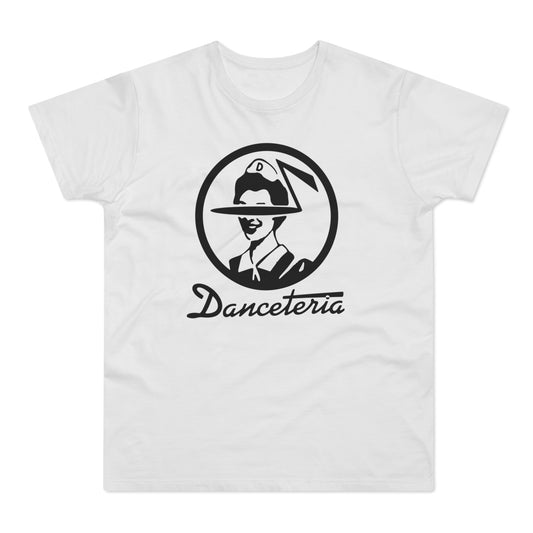White t-shirt with black circular logo and script text "Danceteria".