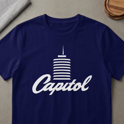 Navy t-shirt with white Capitol Records building logo and text.