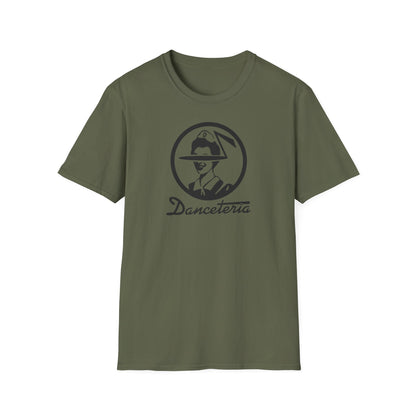 Green t-shirt with black "Danceteria" logo featuring a person in a hat.