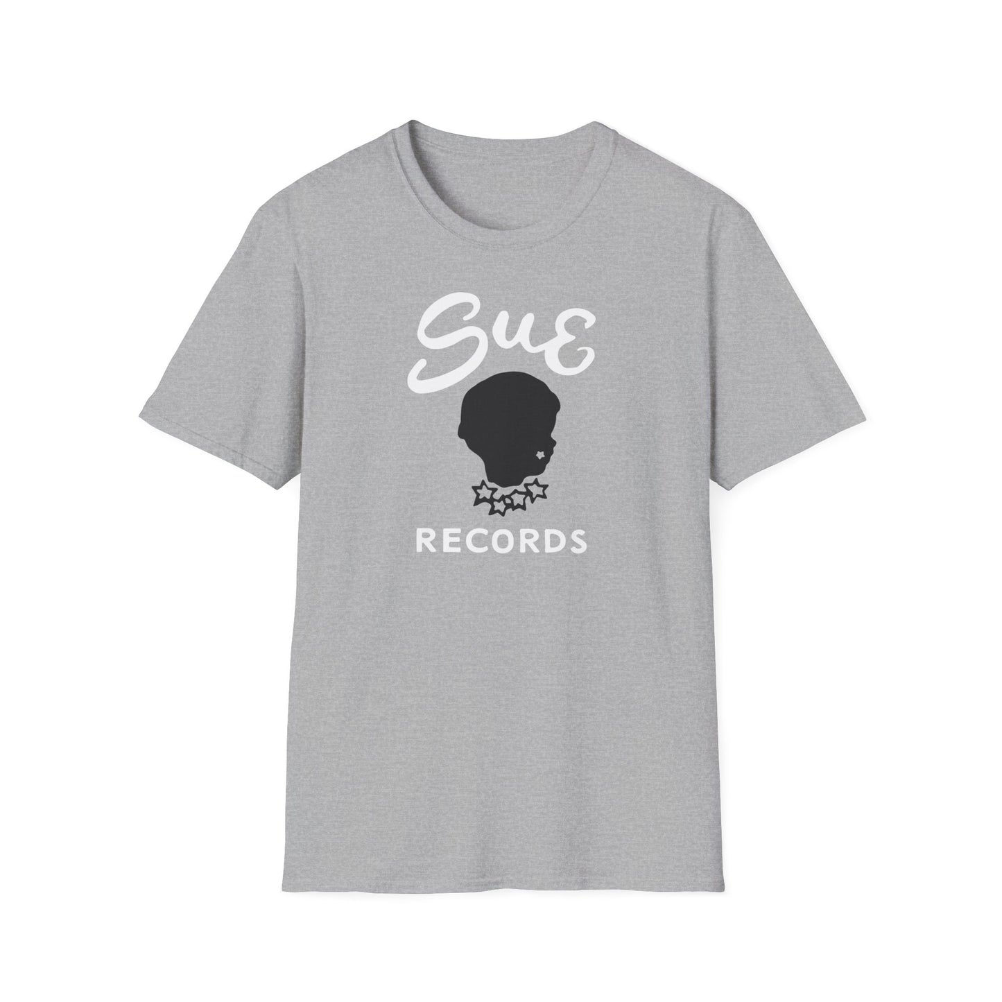 Gray t-shirt with white "Sue" script and black record logo.