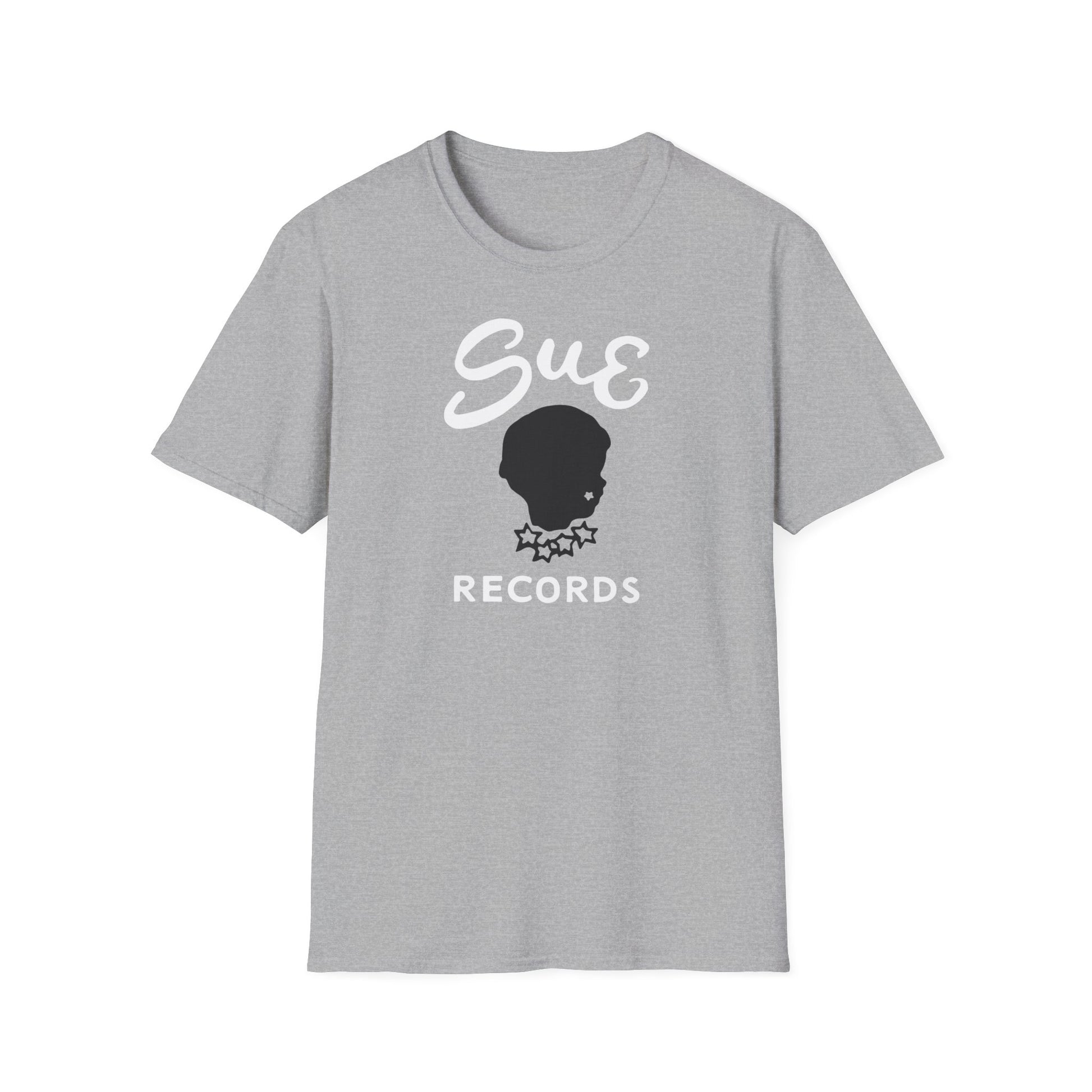 Gray t-shirt with white "Sue" script and black record logo.