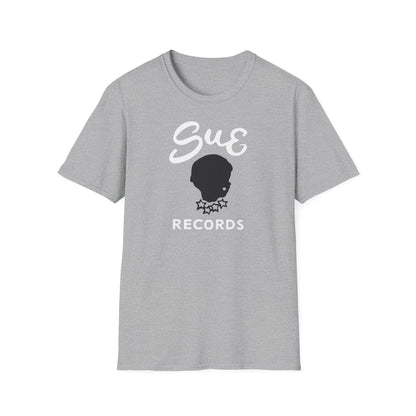 Gray t-shirt with white "Sue" script and black record logo.