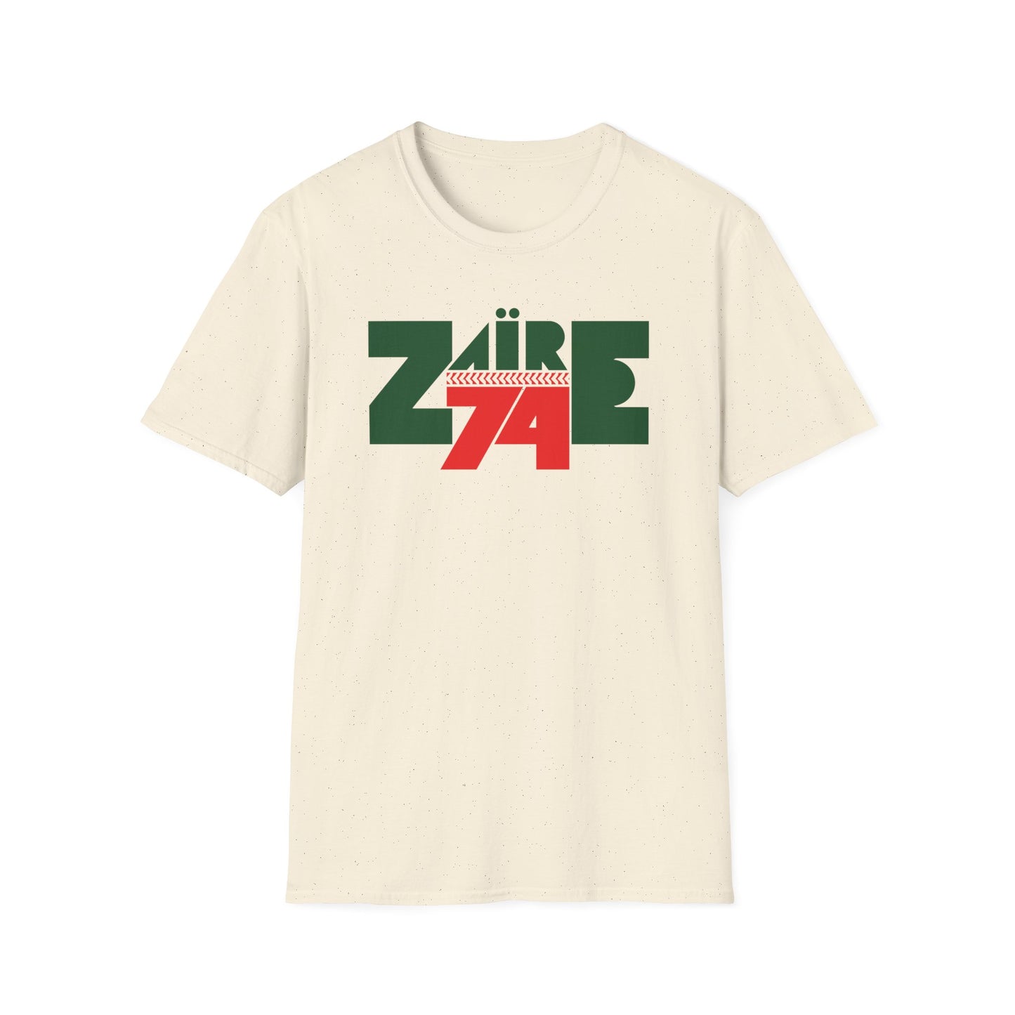 Cream t-shirt with green and red "AIR 74" graphic and baseball stitching detail.