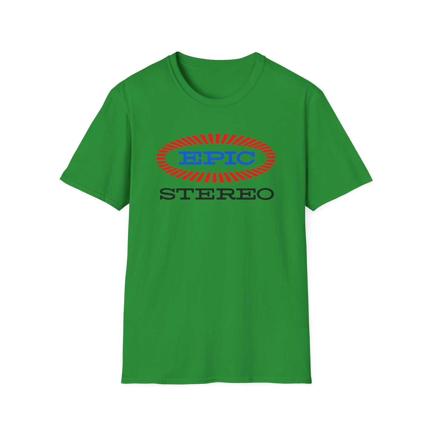 Green t-shirt with red and blue "EPIC STEREO" logo.