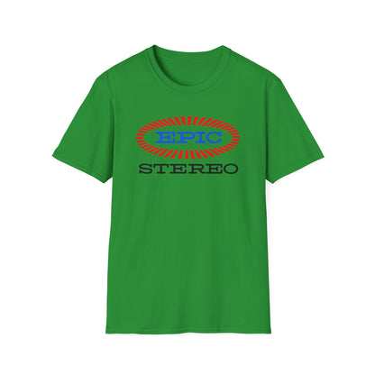 Green t-shirt with red and blue "EPIC STEREO" logo.