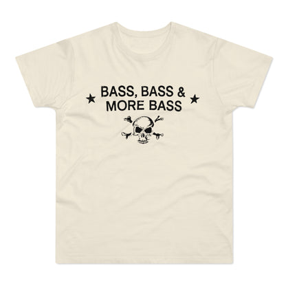 Cream t-shirt with black text "BASS, BASS & MORE BASS" and skull and crossbones.