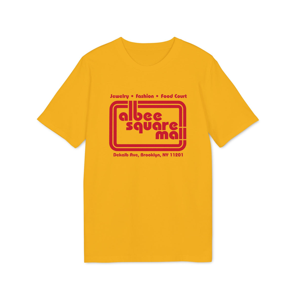 Yellow t-shirt with red Albee Square Mall logo and address.