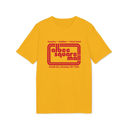 Yellow t-shirt with red Albee Square Mall logo and address.