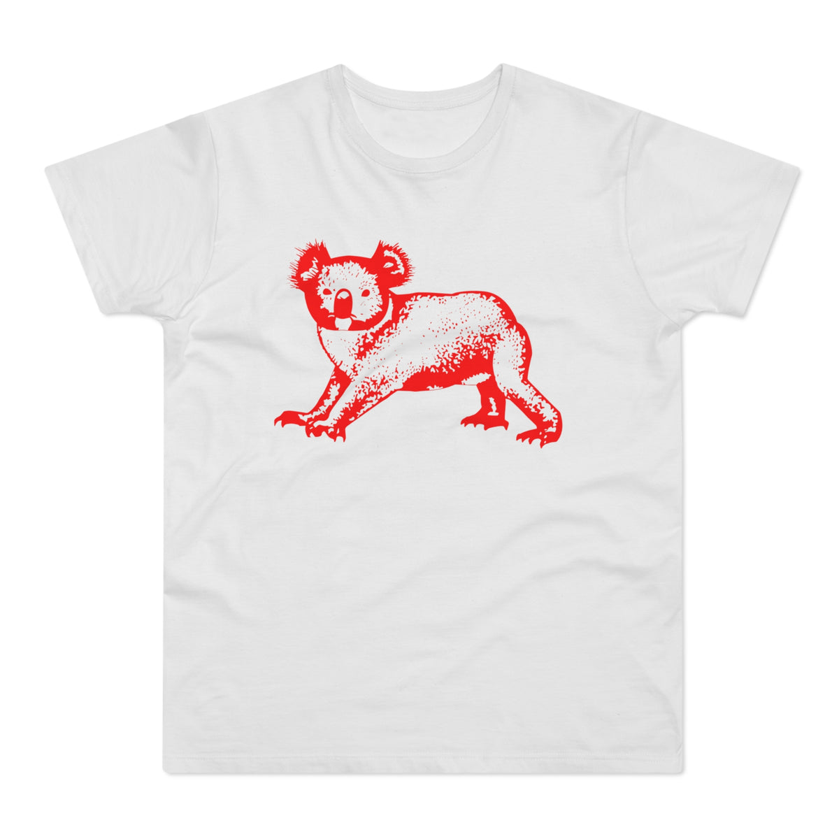 White t-shirt with a red, distressed koala graphic design.