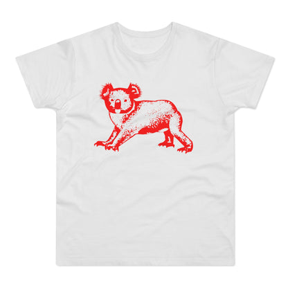 White t-shirt with a red, distressed koala graphic design.