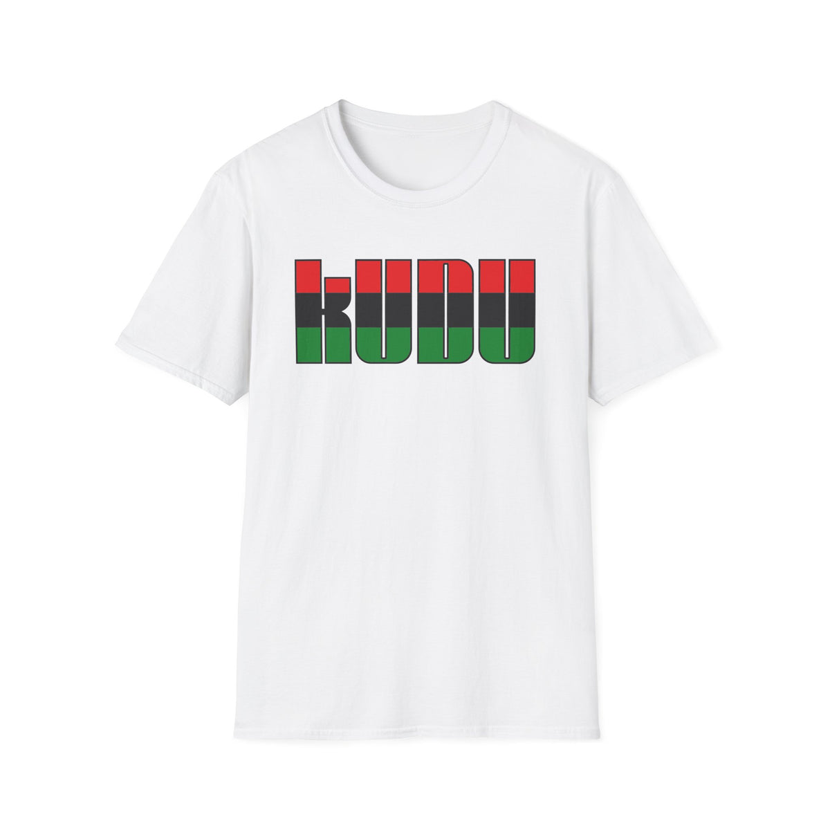 White t-shirt with the word KUDU in block letters featuring red, black, and green stripes.