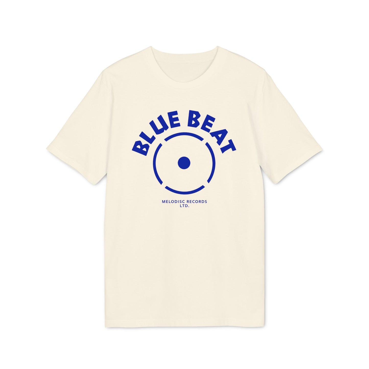 Cream t-shirt with blue "BLUE BEAT" logo and "MELODISC RECORDS LTD." text.