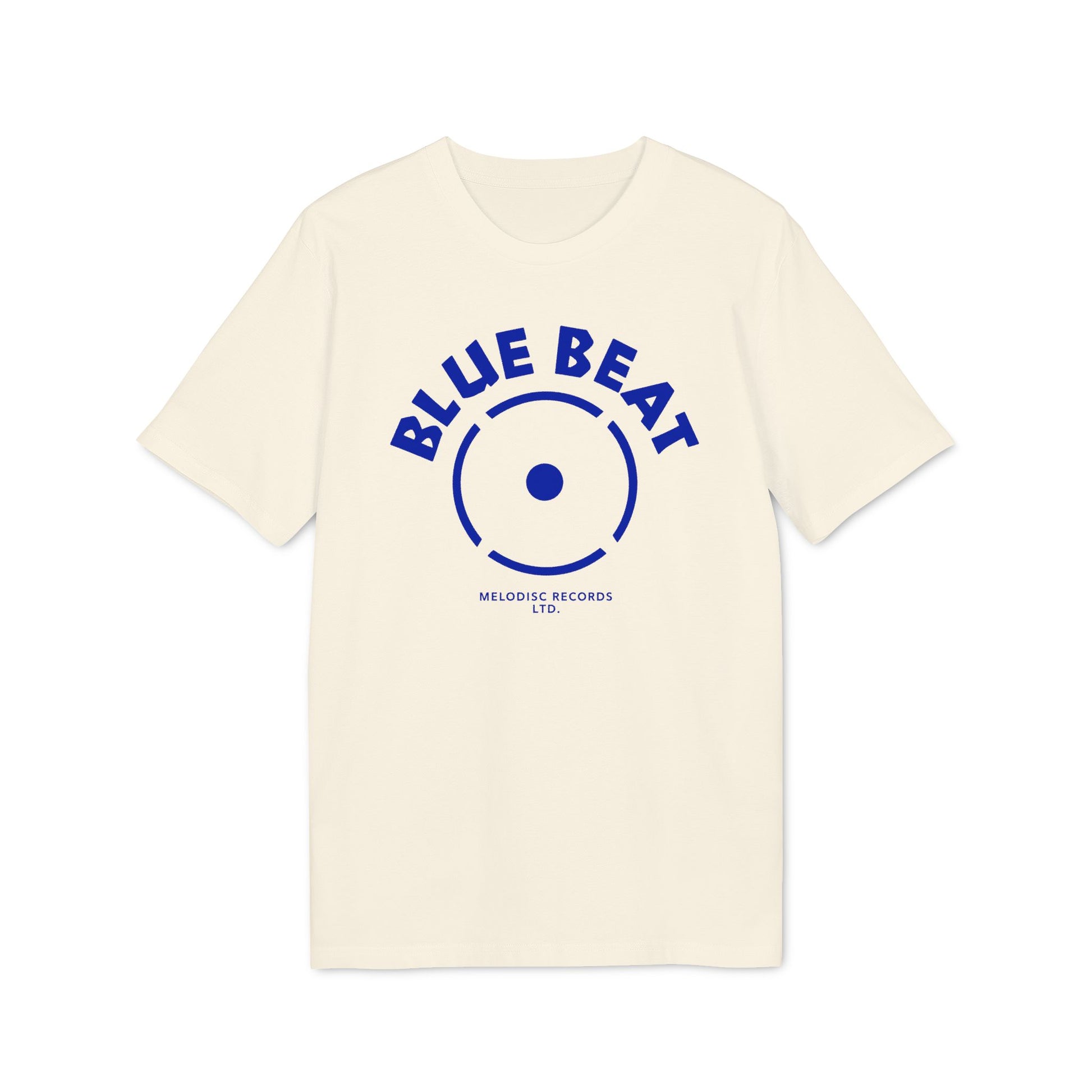 Cream t-shirt with blue "BLUE BEAT" logo and "MELODISC RECORDS LTD." text.