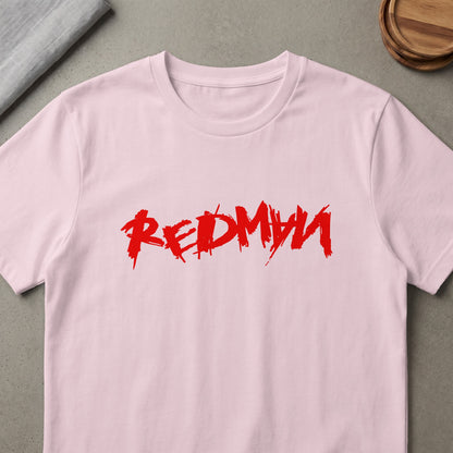 Pink t-shirt with red brushstroke text reading "REDMYW".