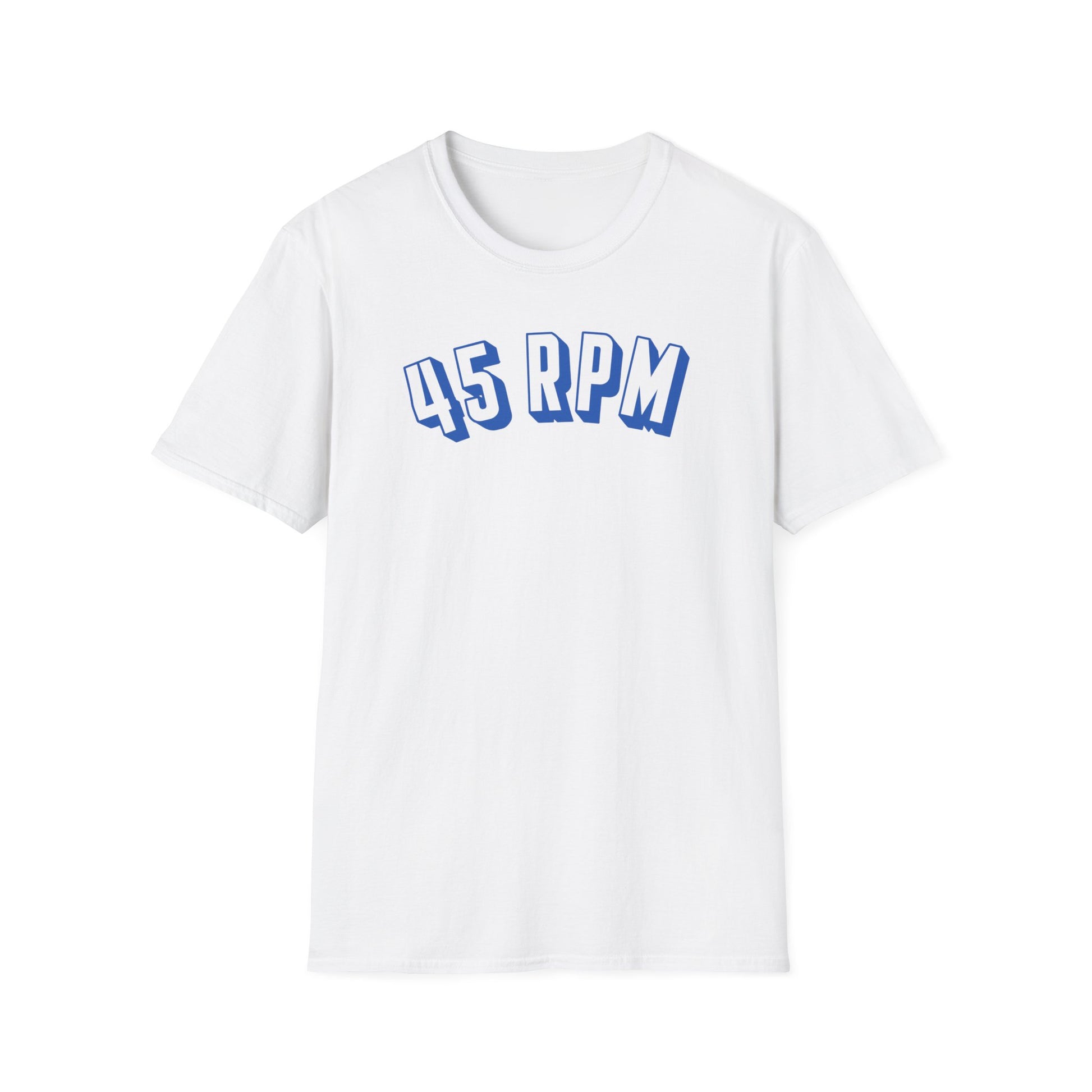White t-shirt with blue 45 RPM text across the chest.