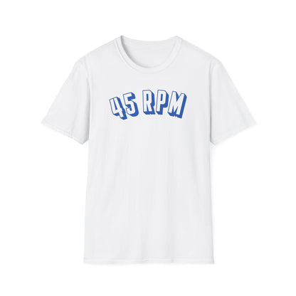 White t-shirt with blue 45 RPM text across the chest.