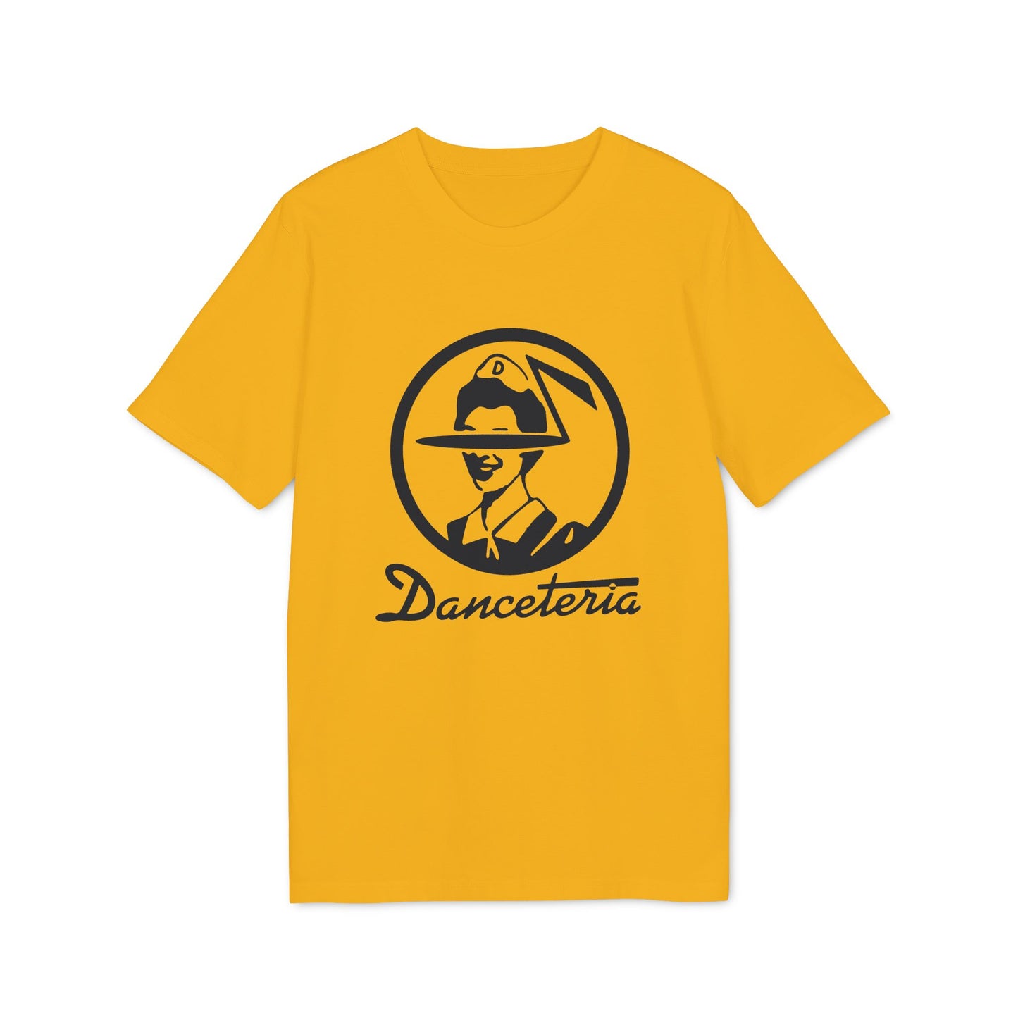 Yellow t-shirt with black "Danceteria" logo featuring a character's head in a circle.