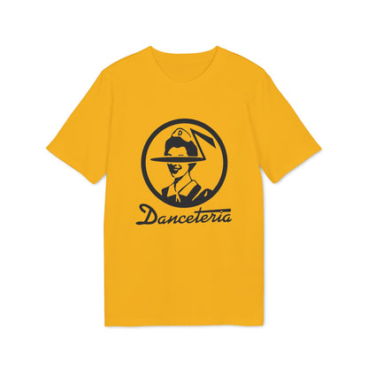Yellow t-shirt with black "Danceteria" logo featuring a character's head in a circle.
