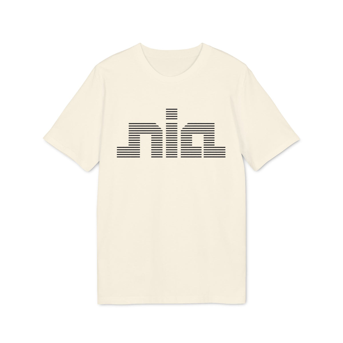 Cream t-shirt with black striped "nia" logo graphic on the chest.