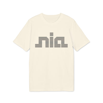 Cream t-shirt with black striped "nia" logo graphic on the chest.