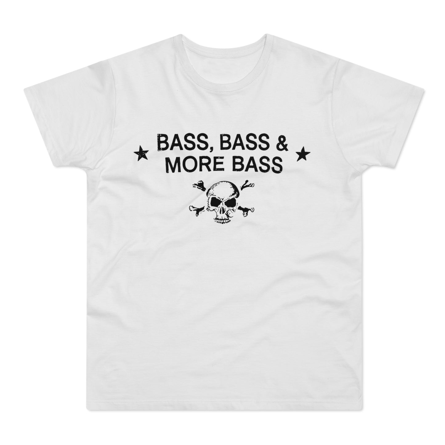 White t-shirt with black text "BASS, BASS & MORE BASS" and skull graphic.