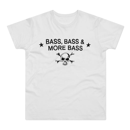 White t-shirt with black text "BASS, BASS & MORE BASS" and skull graphic.