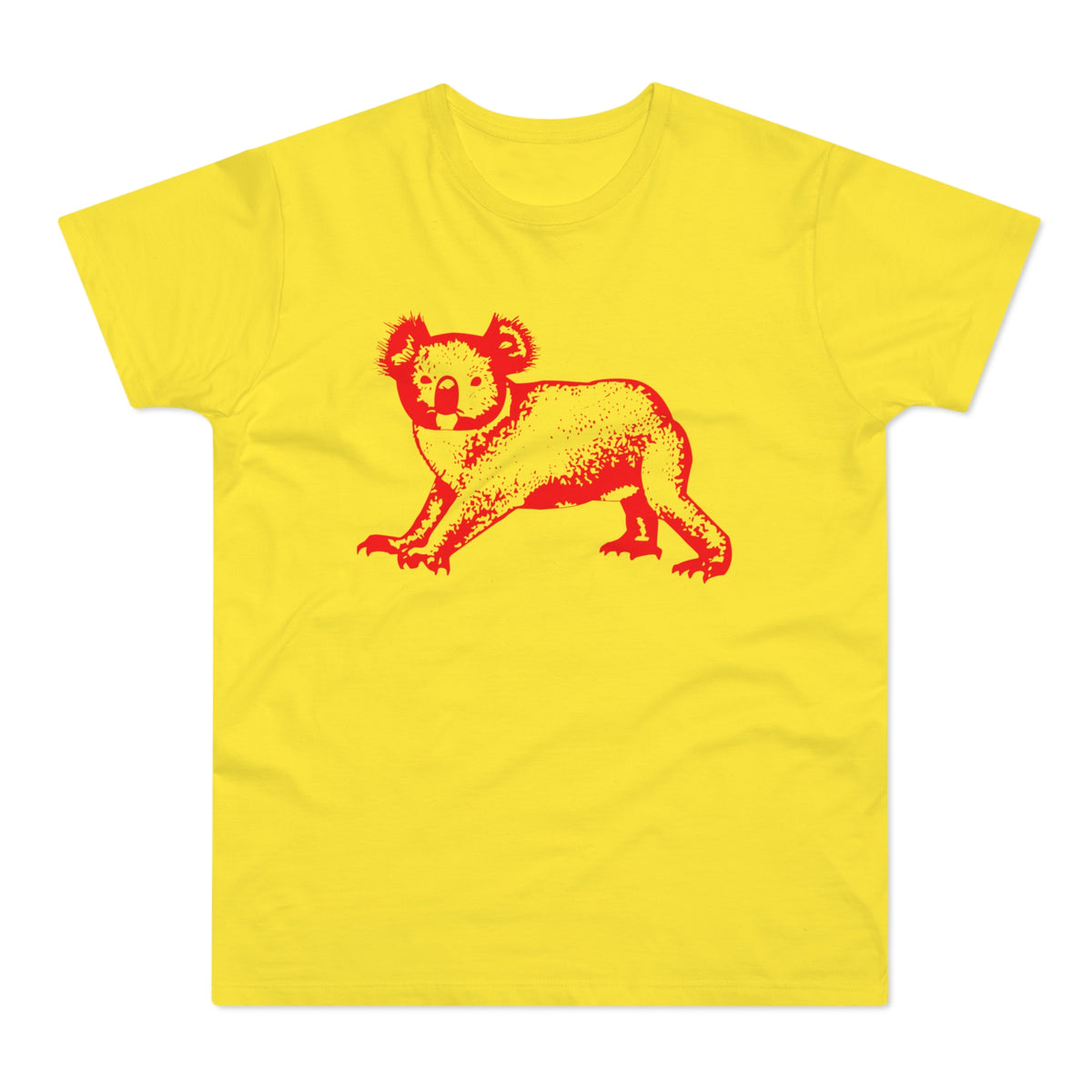 Yellow t-shirt with a red koala graphic.
