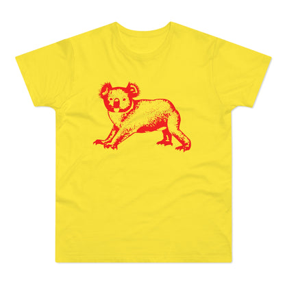 Yellow t-shirt with a red koala graphic.