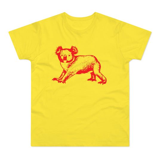 Yellow t-shirt with a red koala graphic.