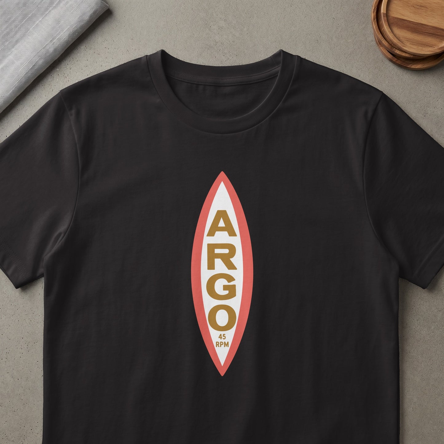 Black t-shirt with a vertical logo featuring "ARGO" in gold letters and "45 RPM" below.