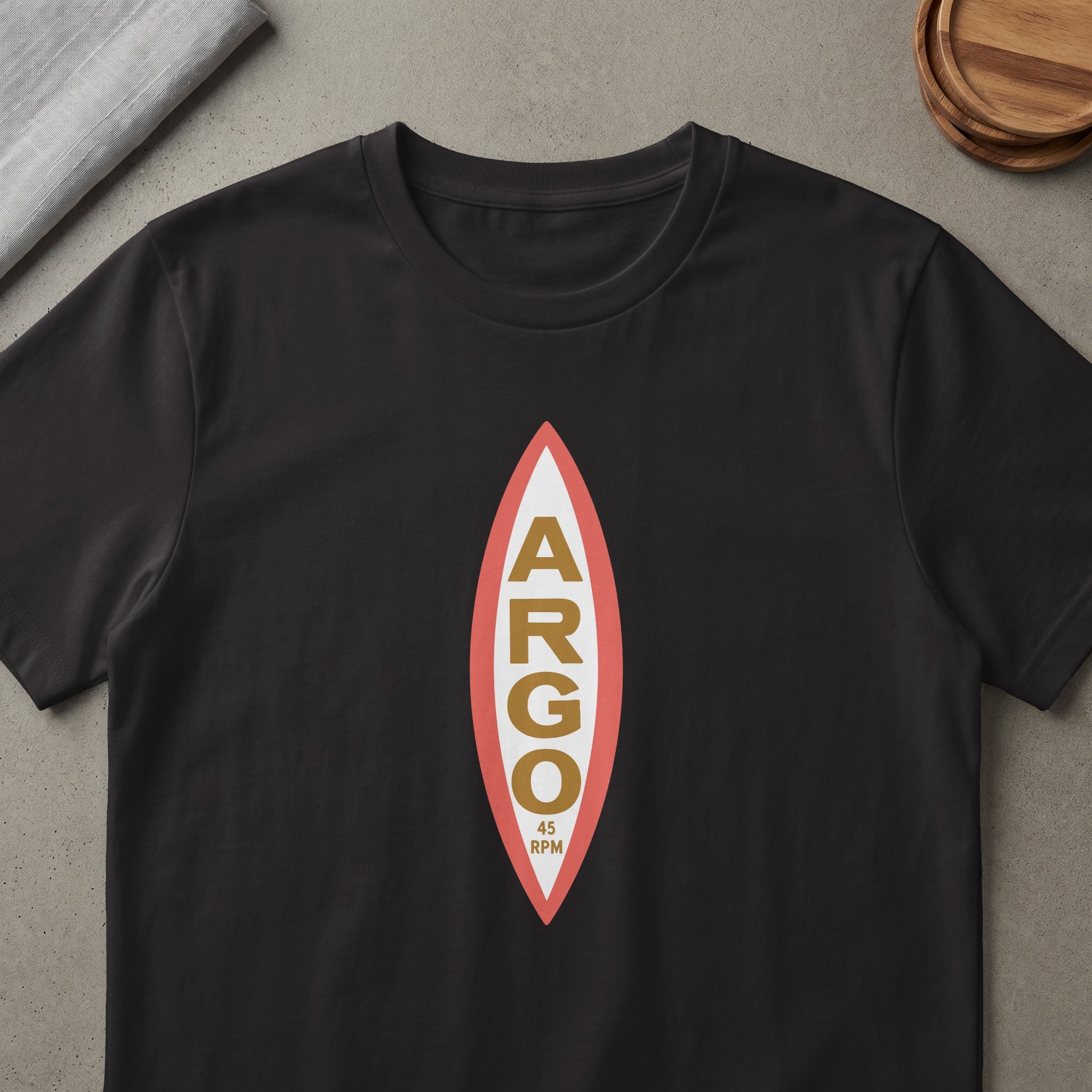 Black t-shirt with a vertical logo featuring "ARGO" in gold letters and "45 RPM" below.