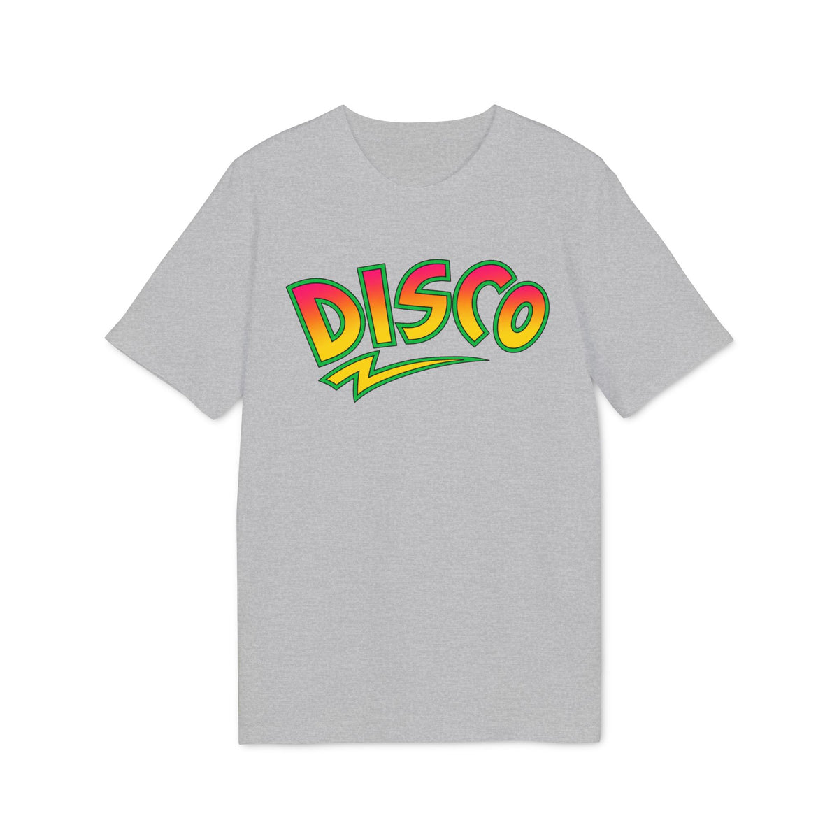 Grey t-shirt with the word DISCO in a colorful, stylized font.
