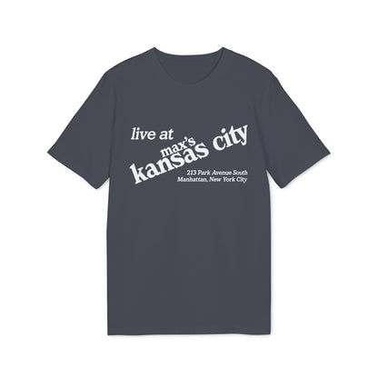 Dark grey t-shirt with white text: "live at max's kansas city" and address.