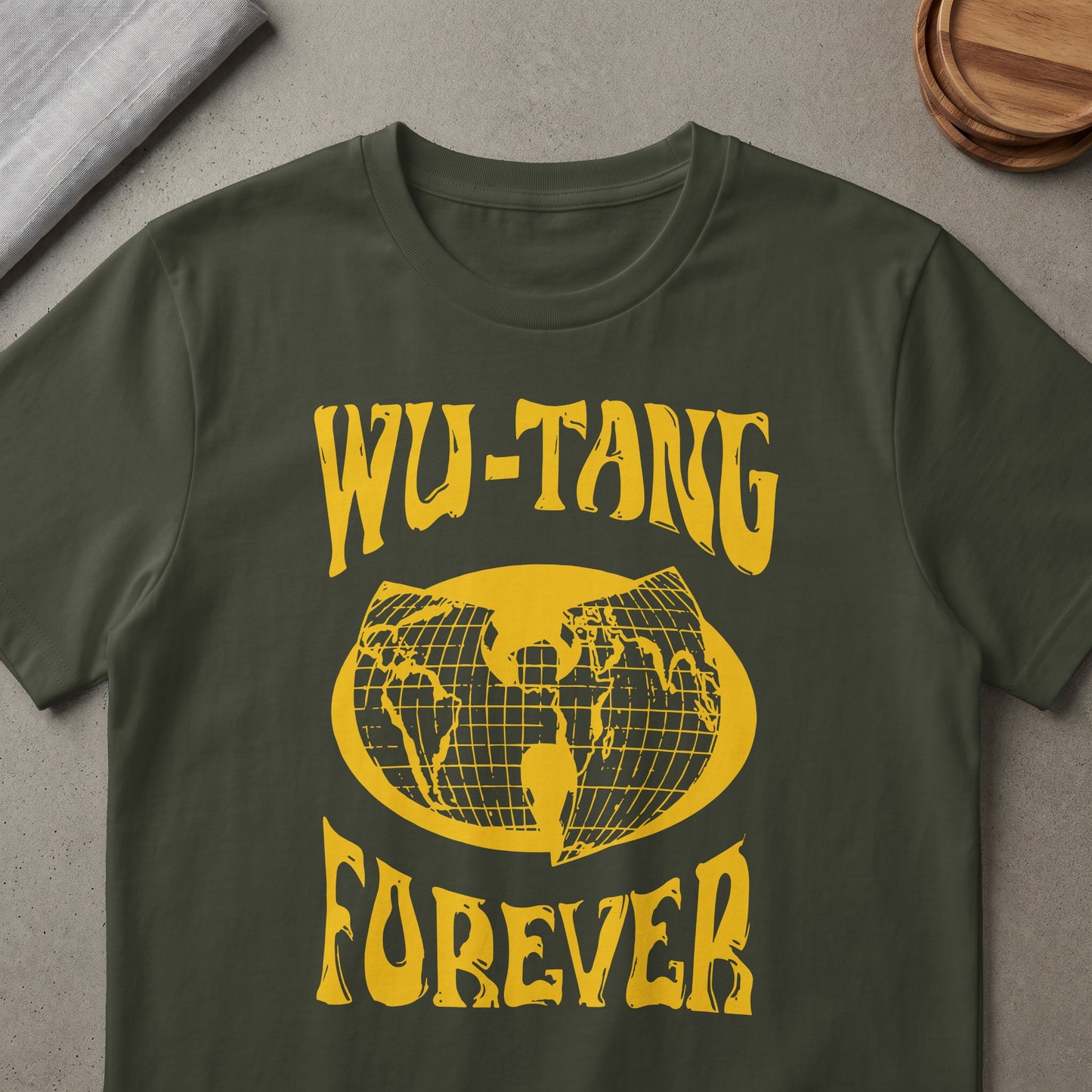 Dark green t-shirt with yellow "Wu-Tang Forever" text and a globe graphic.