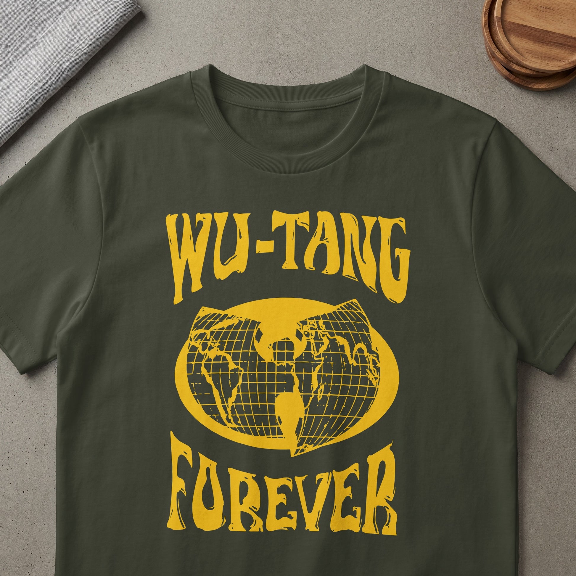 Dark green t-shirt with yellow "Wu-Tang Forever" text and a globe graphic.