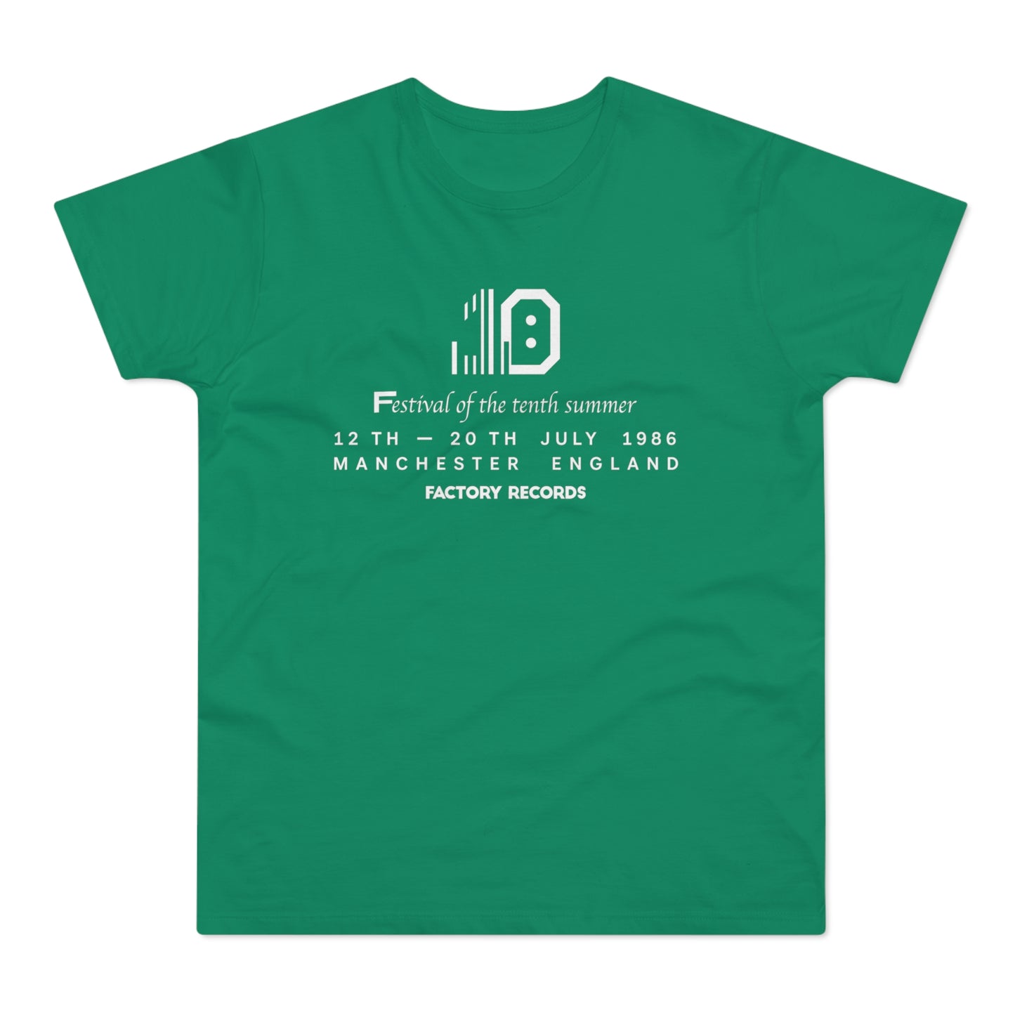 Green t-shirt with "Factory Records" festival graphic and 1986 dates.