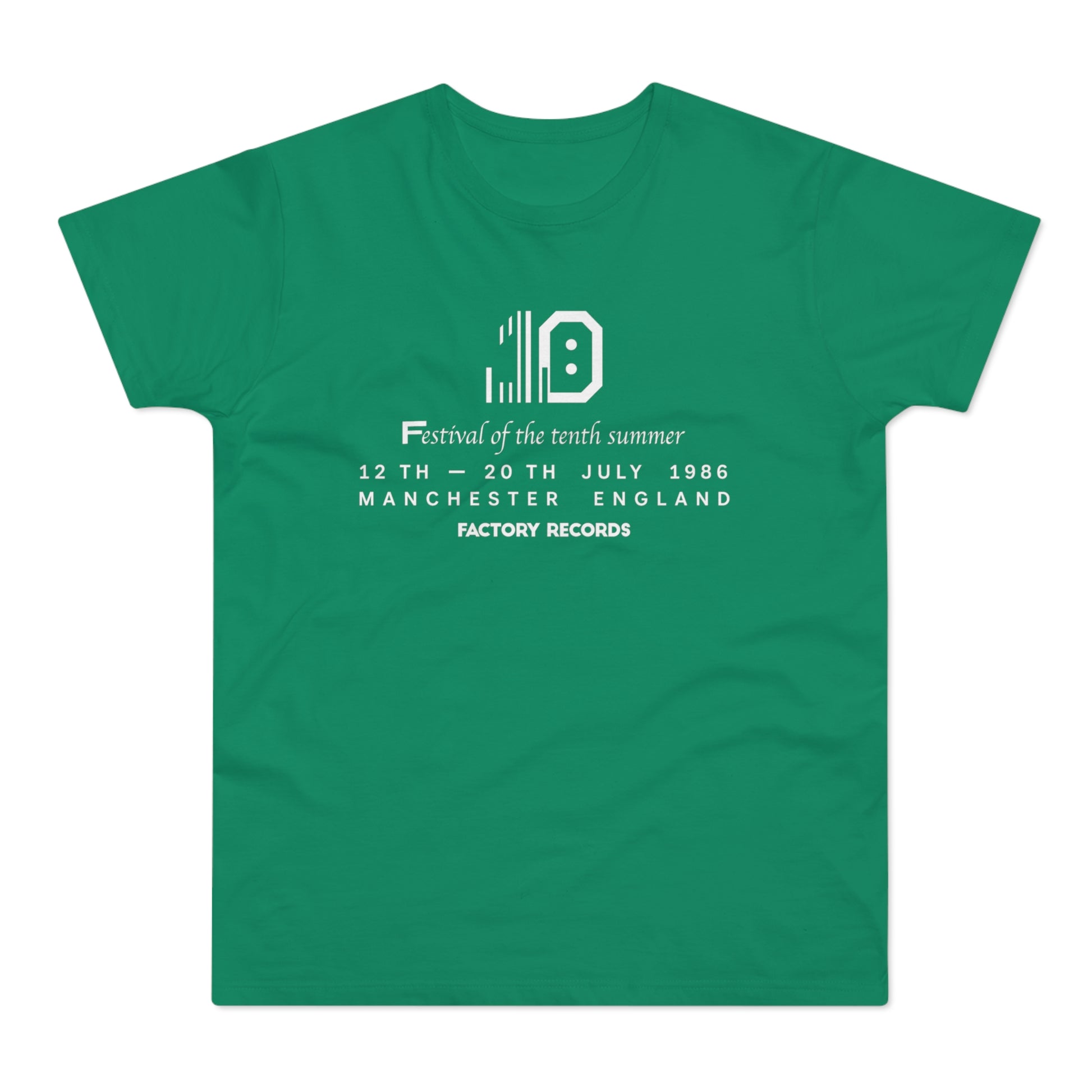 Green t-shirt with "Factory Records" festival graphic and 1986 dates.