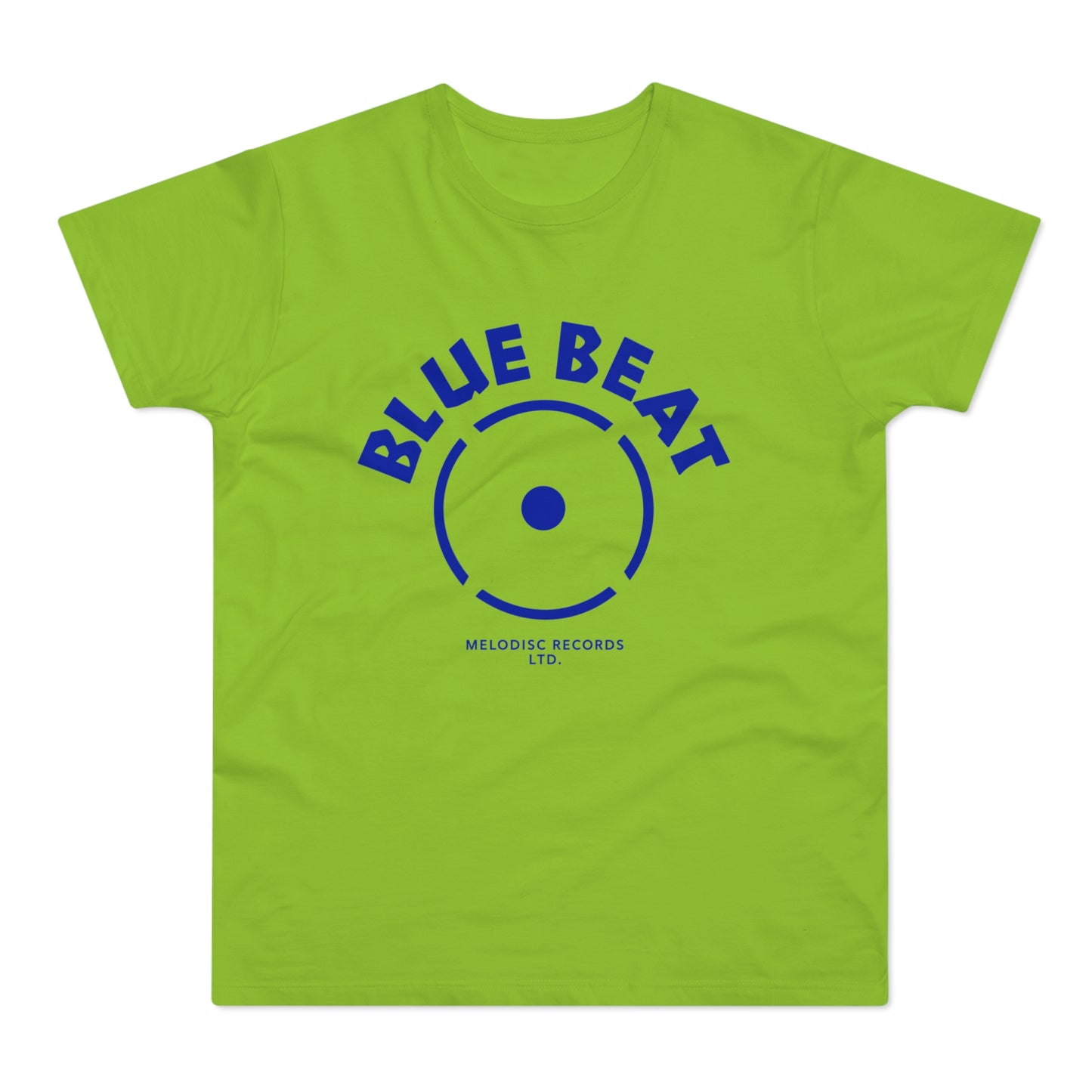 Lime green t-shirt with blue "BLUE BEAT" text and a record label logo.