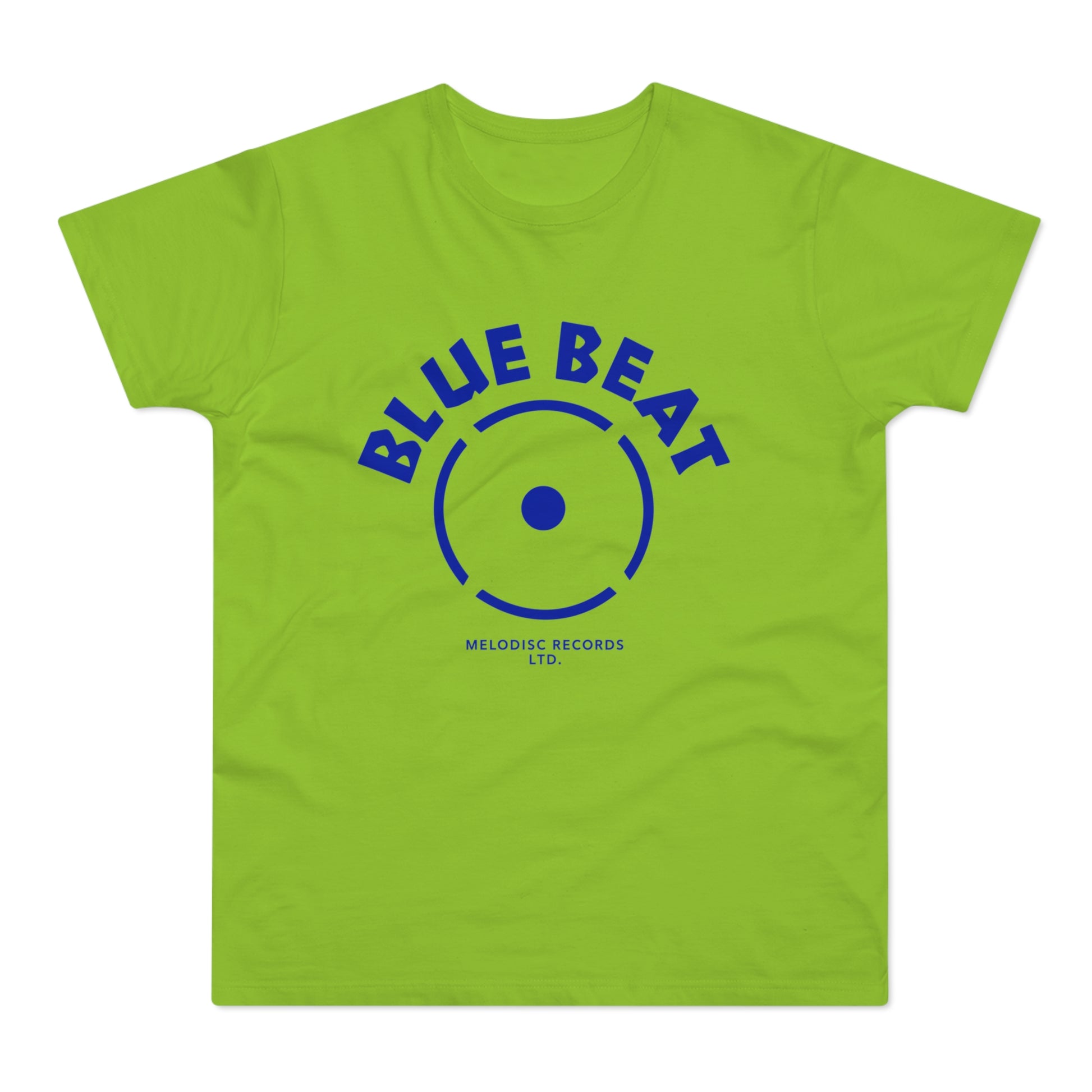 Lime green t-shirt with blue "BLUE BEAT" text and a record label logo.