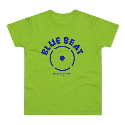 Lime green t-shirt with blue "BLUE BEAT" text and a record label logo.