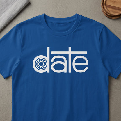 Blue t-shirt with white text "date" featuring a bearing graphic.