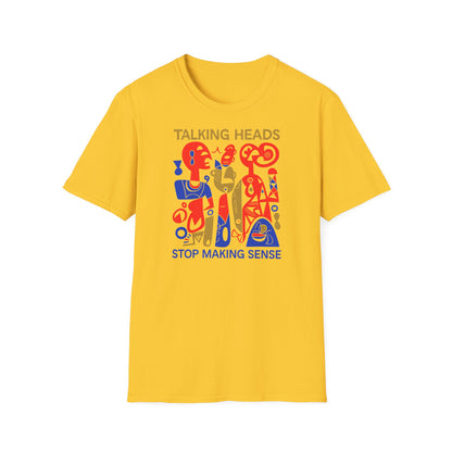 Yellow t-shirt with abstract figures and "TALKING HEADS STOP MAKING SENSE" text.