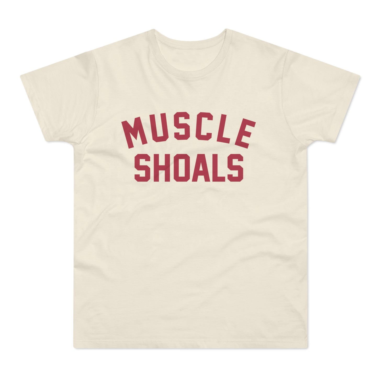 Cream t-shirt with burgundy text "MUSCLE SHOALS" in arched font.